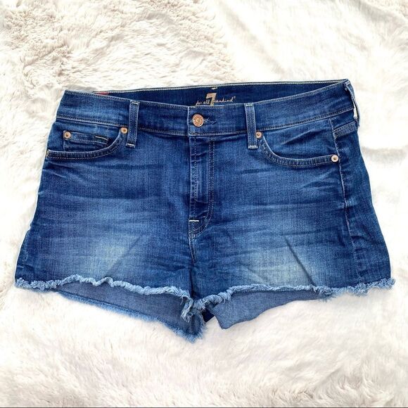 7 For All Mankind Denim Shorts Cut Off Raw Hem Frayed Medium Wash 27